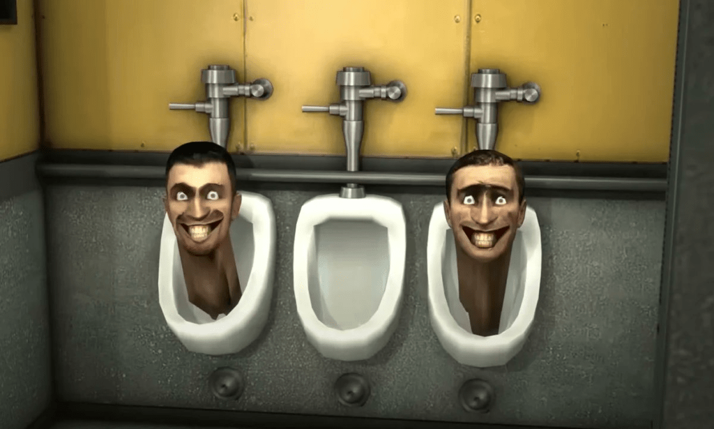 Heads coming out of a urinal in Skibidi Toilet, image shared by ShiinaBR on Twitter to talk about new Fortnite skins