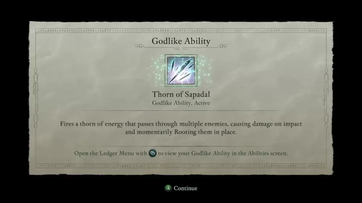 Gameplay screenshot showing the Thorn of Sapadal ability unlocked by accepting the offer