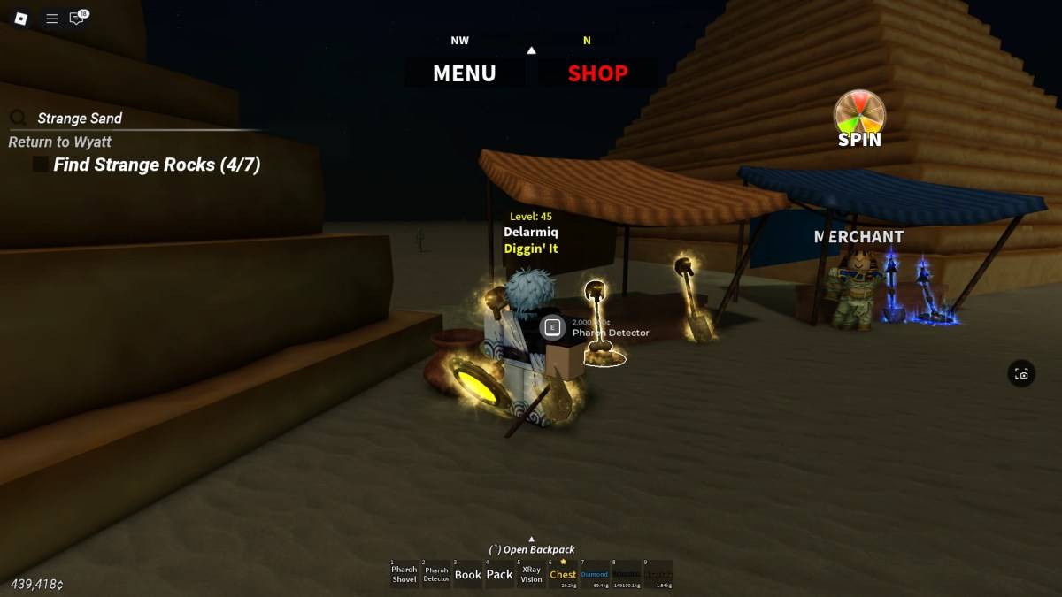 Spot to purchase Pharoh Detector and Shovel beside a pyramid in Desert Detectors