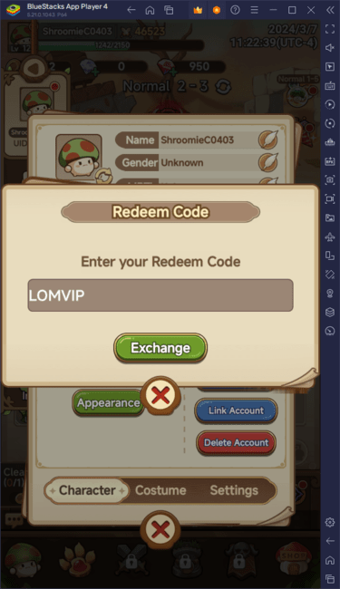 Legend of Mushroom Redeem Code Interface