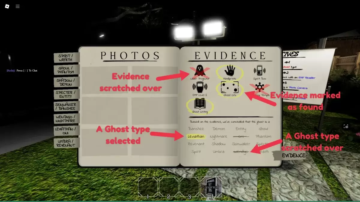 Eine Vorschau auf das Evidence Journal -Seite in der Dämonologie mit Erklärungen für die Teile davon