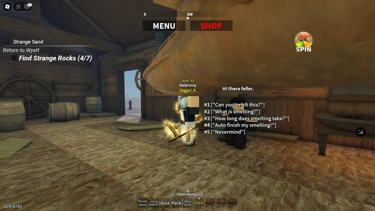 Player engaging the smelter NPC in Desert Detectors