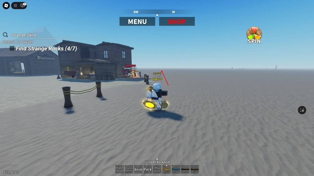 Player indicating the route to the pyramids in Desert Detectors