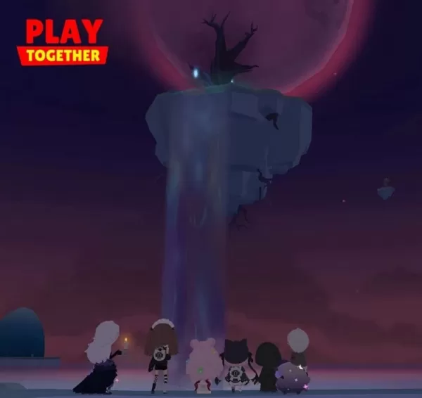 A group of people looking up at a floating island, enveloped in a dark purple atmosphere