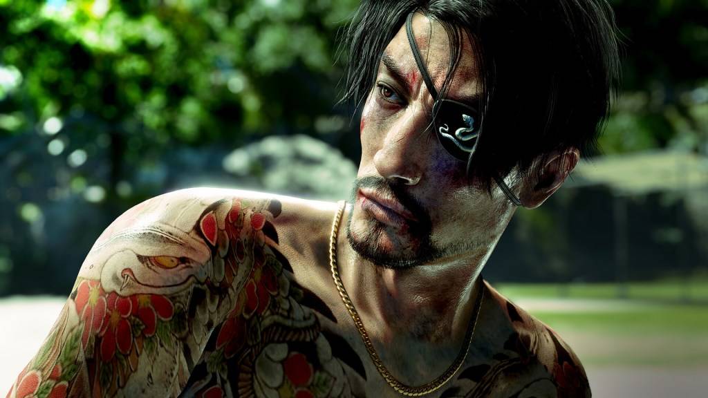 Like a Dragon: Pirate Yakuza in Hawaii, Goro Majima with greenery behind him.