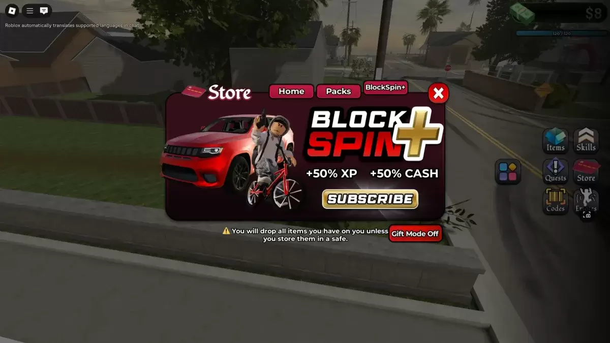 Un jugador que interactúa con el menú de la tienda para obtener blockspin más batalla