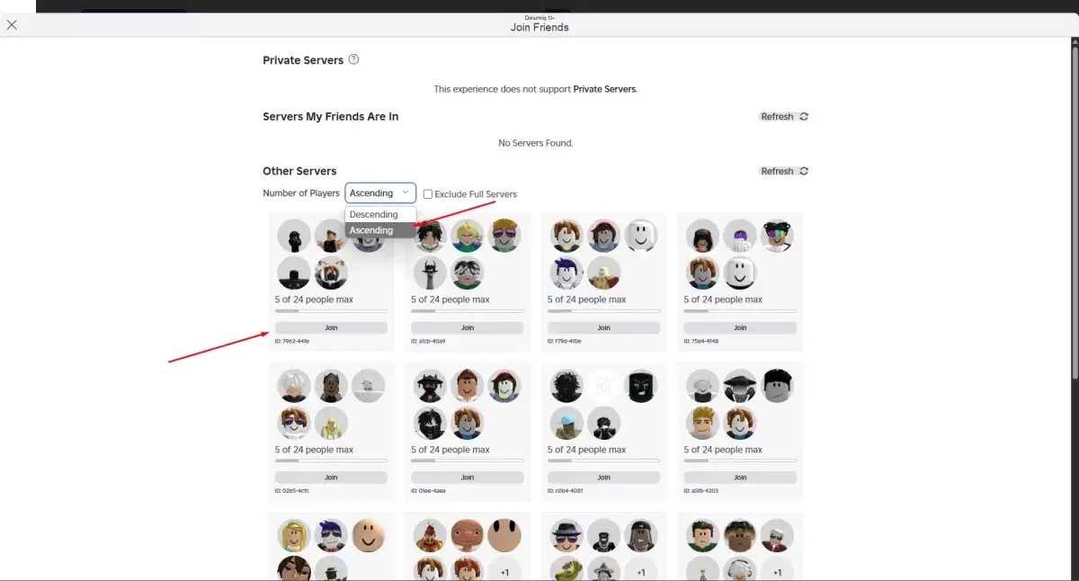 Menú de selección del servidor de Blockspin de Roblox