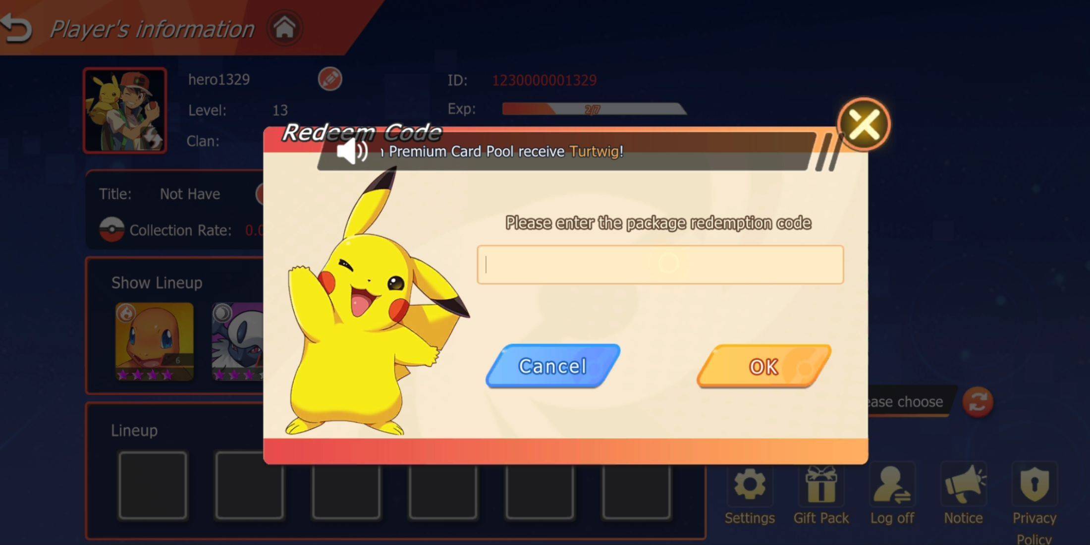 Captura de tela da interface de redenção do Pocket Superpower M