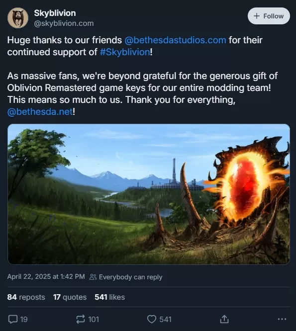 Bethesdaは、Skyblivion Team Oblivionのリマスターキーを付与します