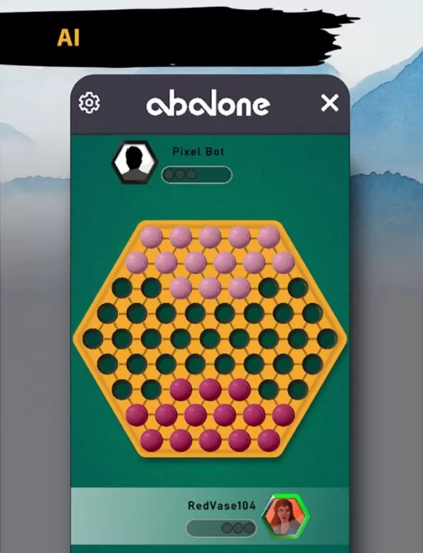 Hexagonal Abalone game board showing white and black marbles strategically positioned