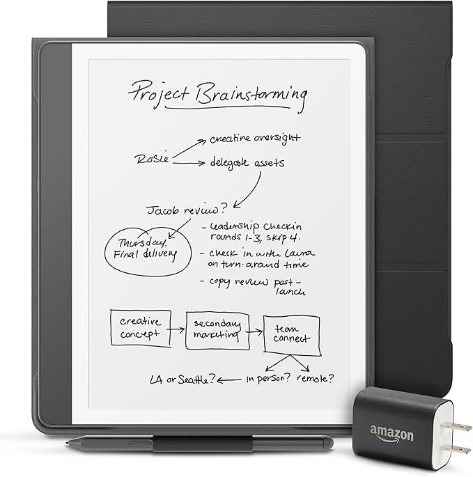 New Amazon Kindle Scribe Essentials Bundle including New Kindle Scribe (16GB) - Tungsten, Premium Pen, Plant-Based Leather Folio-Black, and Power Adapter